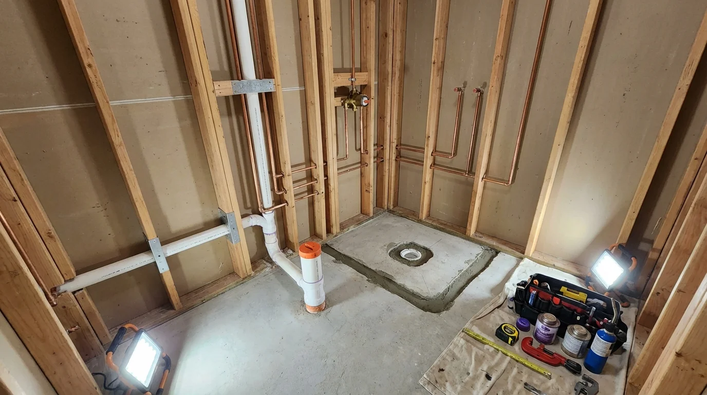 Bathroom rough-in plumbing during remodel by Johns Plumbing LLC in El Dorado