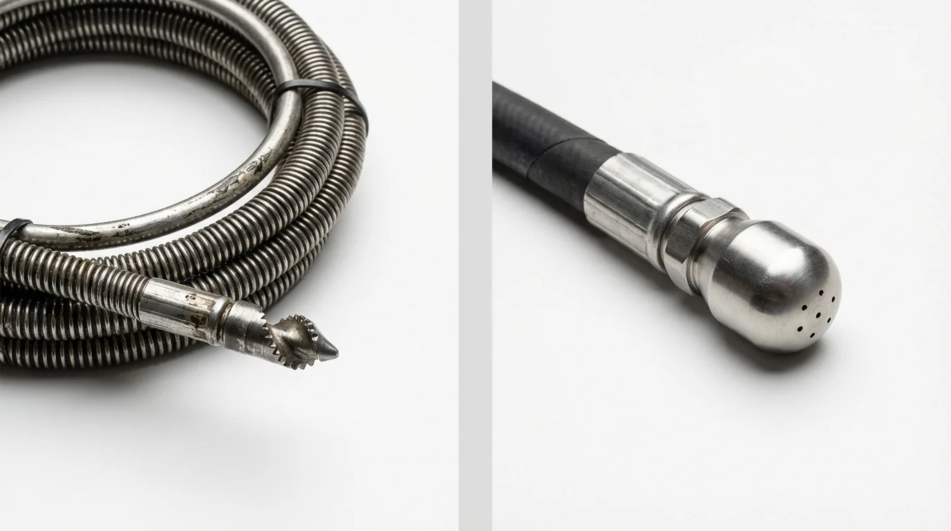 Drain snake cable and hydro jetting nozzle used for drain cleaning in El Dorado, AR