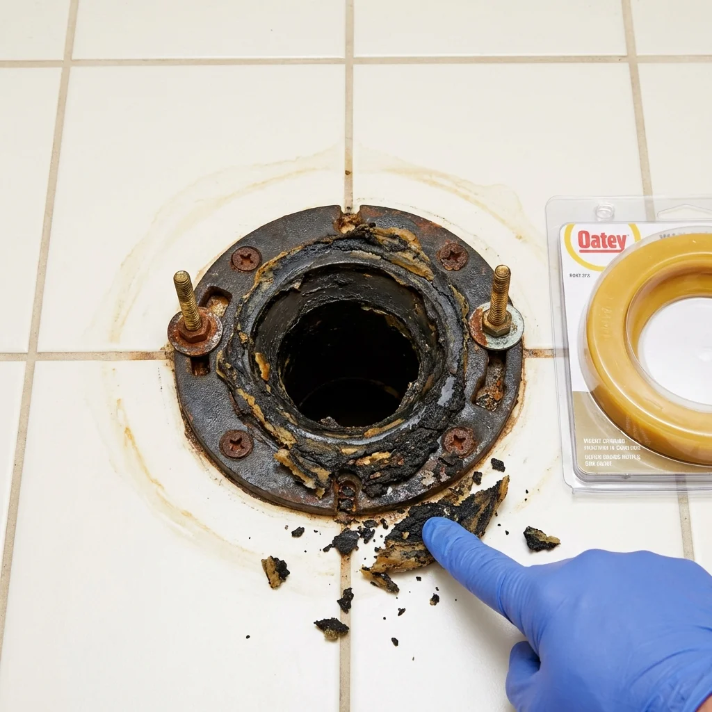 Failed wax ring showing water seepage at the base of a toilet in a El Dorado, AR home